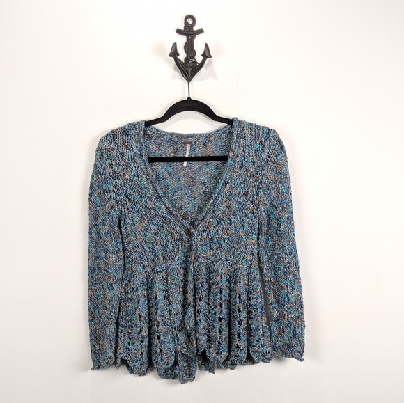 Free People Sweaters - Free People Blue Crochet Knit Cardigan Sz X-Small
